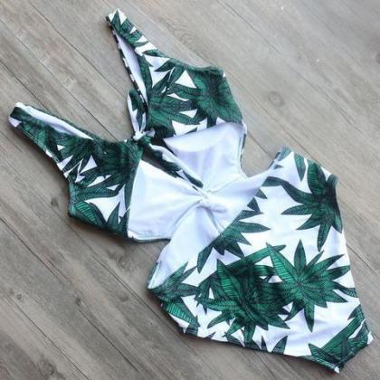 Green Leaf Print Dark V Show Thin One Piece Bikini