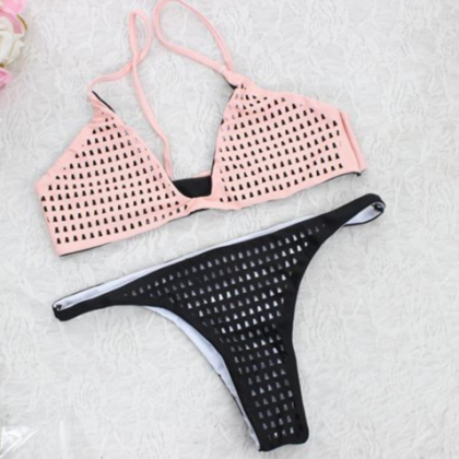 Sexy Upper Pink Bottom Black Mesh Hollow Two Piece..