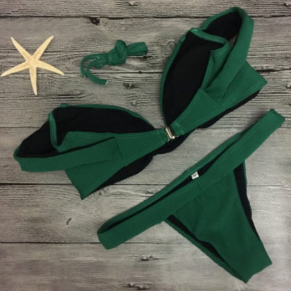Pure Dark Green Strapless Lotus Two Piece Bikini