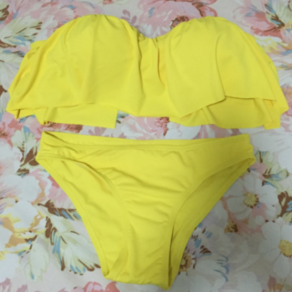 Pure Color Yellow Halter Lotus Two Piece Bikini