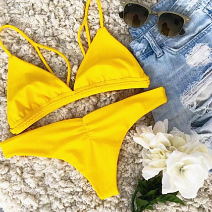 Simple Pure Yellow Cute Swimsuit Braid Two Piece..