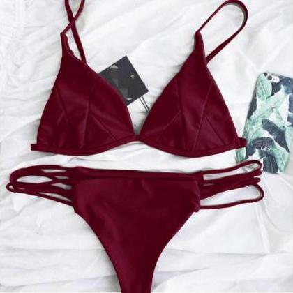Pure Color Wine Red Bottom Side Bottom Two Piece..