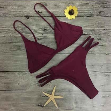 Pure Color Wine Red Bottom Side Bottom Two Piece..