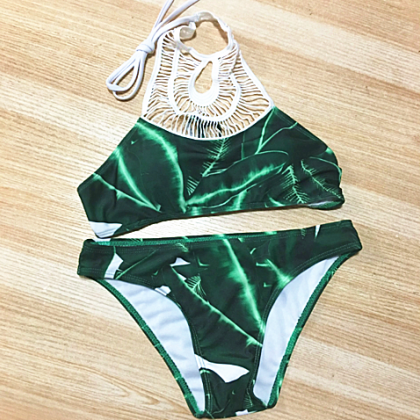 High Neck Lace Halter Green Leaf Print Two Piece..