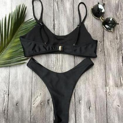 Simple Pure Black Fashion Two Piece Vest Bikini