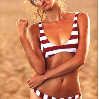 Sexy Red White Stripe Two Piece Bikini Vest Type..