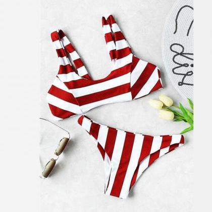 Sexy Red White Stripe Two Piece Bikini Vest Type..