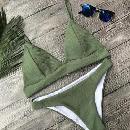 Fashion Pure Army Green Line Two Piece Bikini..