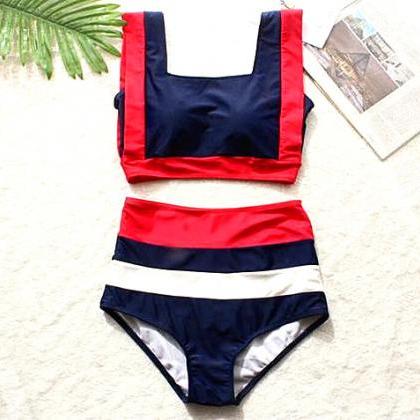 Sexy White Red Navy Blue Splicing Color Vest High..