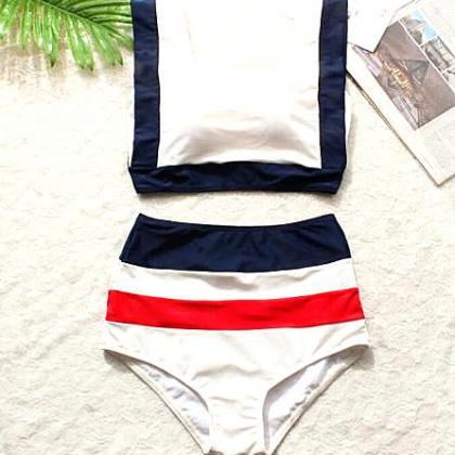 Sexy White Red Navy Blue Splicing Color Vest High..