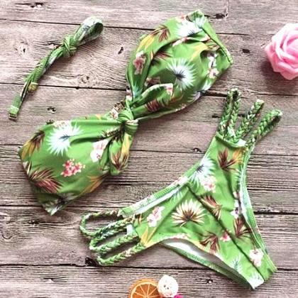Green Floral Print Strapless Bow Shape Bottom Side..