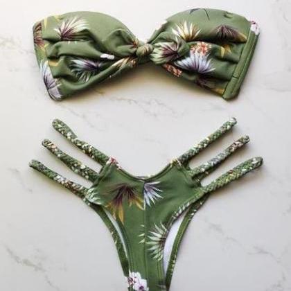 Green Floral Print Strapless Bow Shape Bottom Side..