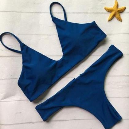 Pure Cute Blue V Neck Two Piece Bikini