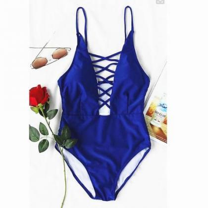 Solid One-piece Low Cut Blue Chest Cross One Piece..