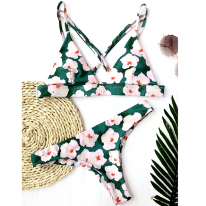 Sexy Green Pink Floral Print Back Straps Cross Two..