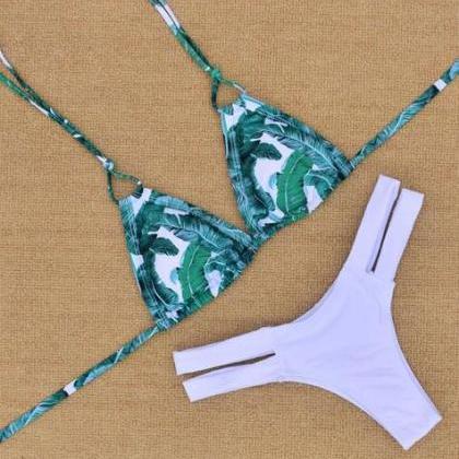 Fashion green leaf print two straps..