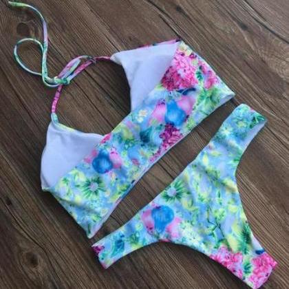 U Neck Halter Green Red Floral Print Two Piece..