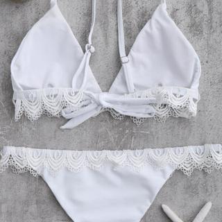 White Lace Trim Cami Thong Bikini Set