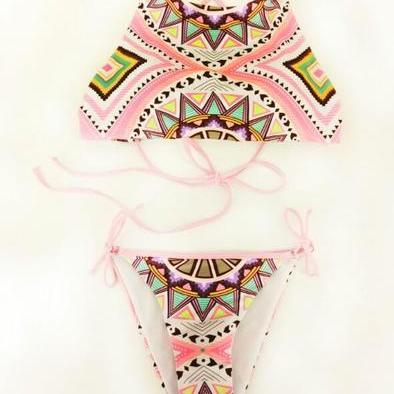 Sexy Pink Geometry Print High Neck Two Piece..