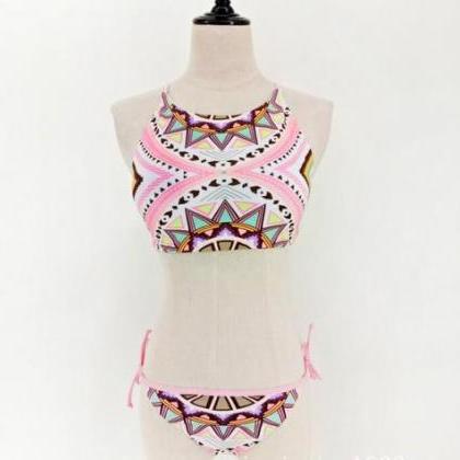 Sexy Pink Geometry Print High Neck Two Piece..