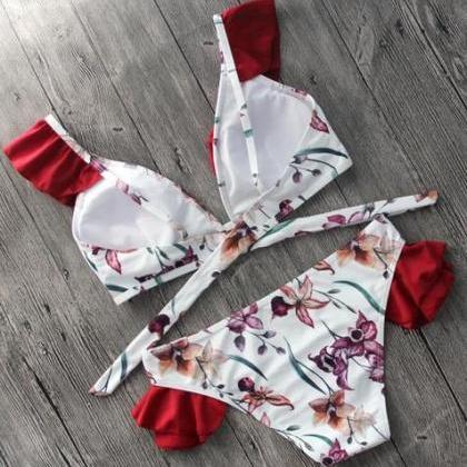 Sexy Edge Red Lotus White Floral Print Two Piece..