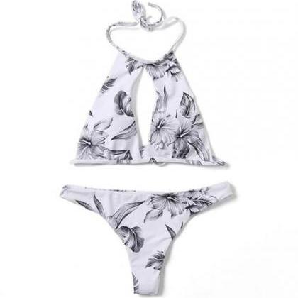 Sexy High Neck Holes Halter White Flower Print Two..