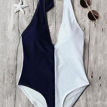 Sexy Halter Navy Blue White Splicing Color One..