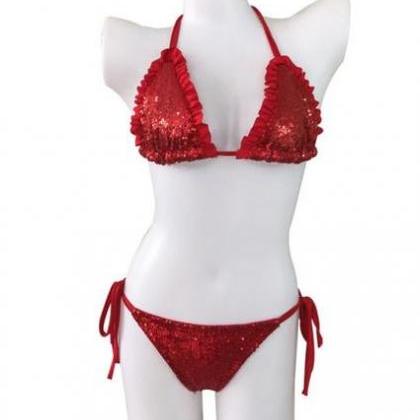 Sexy Red Sequins Shining Four Knot Two Piece..
