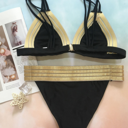 Bikini Gold Spliced Swimsuit Female Sexy White..