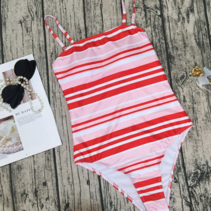 Print Red Stripe One Piece Swimwear Bathsuit..