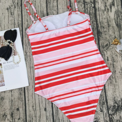 Print Red Stripe One Piece Swimwear Bathsuit..