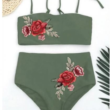 Embroidery Covered Breasts Bathing Suits Bikinis