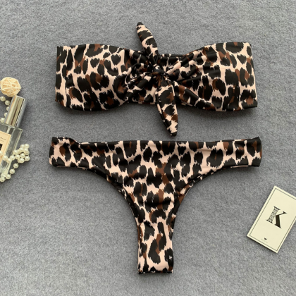 Style Cherry Leopard Print Bikini Front Knot..