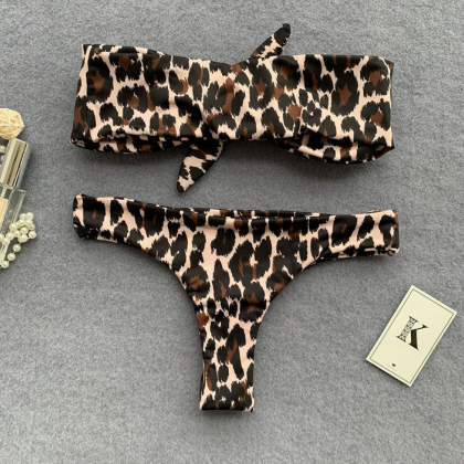 Style Cherry Leopard Print Bikini Front Knot..