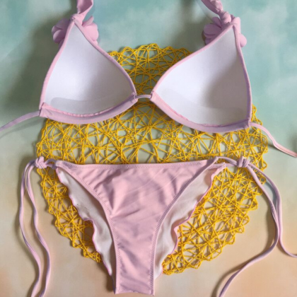 Pink Flower Bikini Plain Color Lashing Swimsuit..