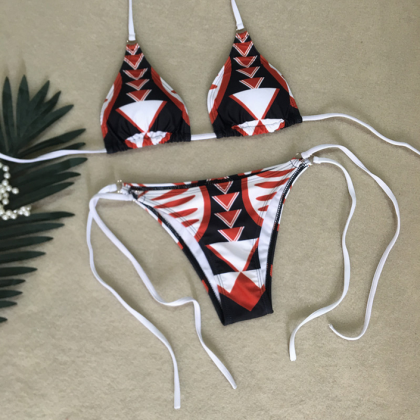Style Geometric Print Bikini Strap Swimsuit Sexy..