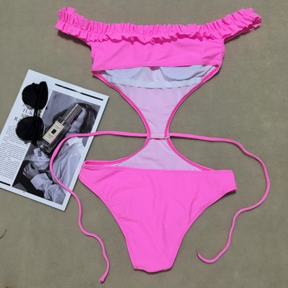 Style Solid Color One-piece Bikini Lace Swimsuit..