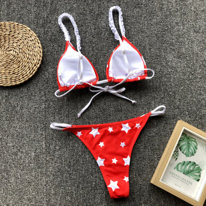 Red And White Stars Print Two Pieces Bikini Set