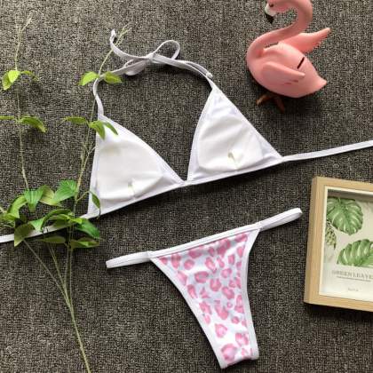 Pink And White Leopard Print Bikini Set