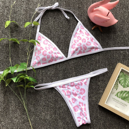 Pink And White Leopard Print Bikini Set