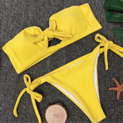 Pure Color Chest Band Bow Tie Bikinis