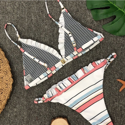 Striped Print Split Triangle Swimsuit