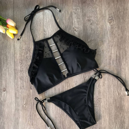 Black Halter Neck Top Two-piece Bikini Set