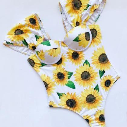One Piece Swimsuit Sunflower Printed Bikini..
