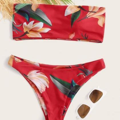 Printed Bra Double Side Split Bikini Swimsuit