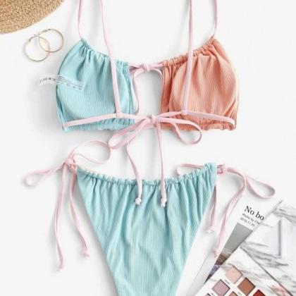 Color Matching Bra Strap Split Bikini Swimsuit Set