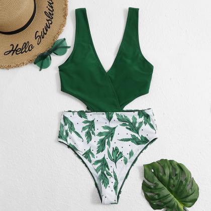 Solid Color Printing Stitching One-piece Swimsuit..