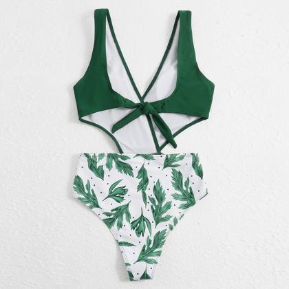 Solid Color Printing Stitching One-piece Swimsuit..