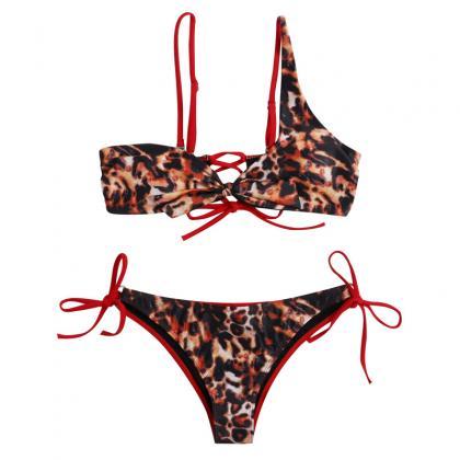 Sexy Leopard Print Swimsuit Split Strap Swimsuit..