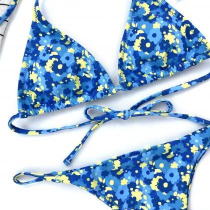 Ladies Split Swimsuit Blue Floral Lace Bikini